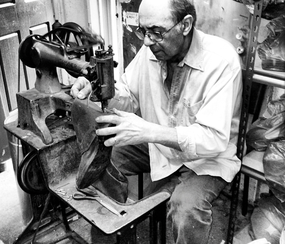 Roger at work in his Redfern shop, stitching a shoe on his bench machine
